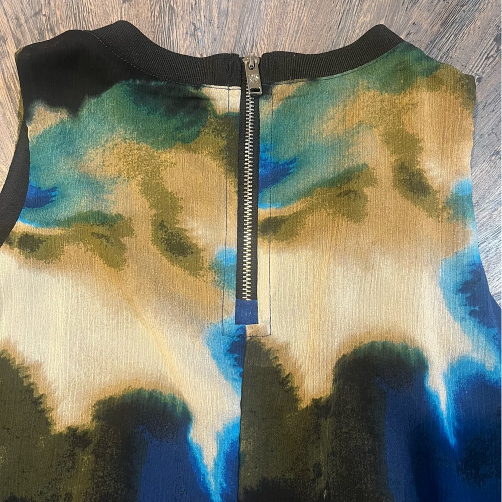 DKNY Watercolor Blue, Yellow & Brown Crepe Sleeveless Blouse Lined XS - Picture 3 of 9